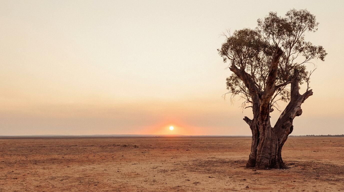 A lone ancient red gum on the outback plain at dusk, beneath a low ember sun